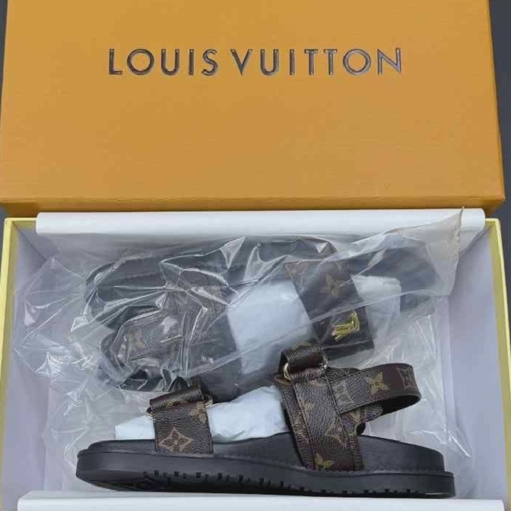 Louis Vuitton Brown Monogram Leather Adjustable Strap Sandals with Gold LV - Picture 12 of 13